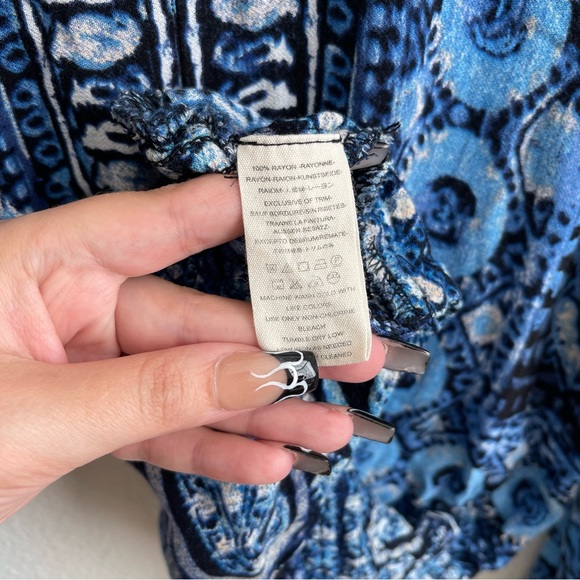 FREE PEOPLE Blue Boho Wild & Free V Neck Smocked Long Sleeve Cropped Blouse Top - Picture 12 of 12